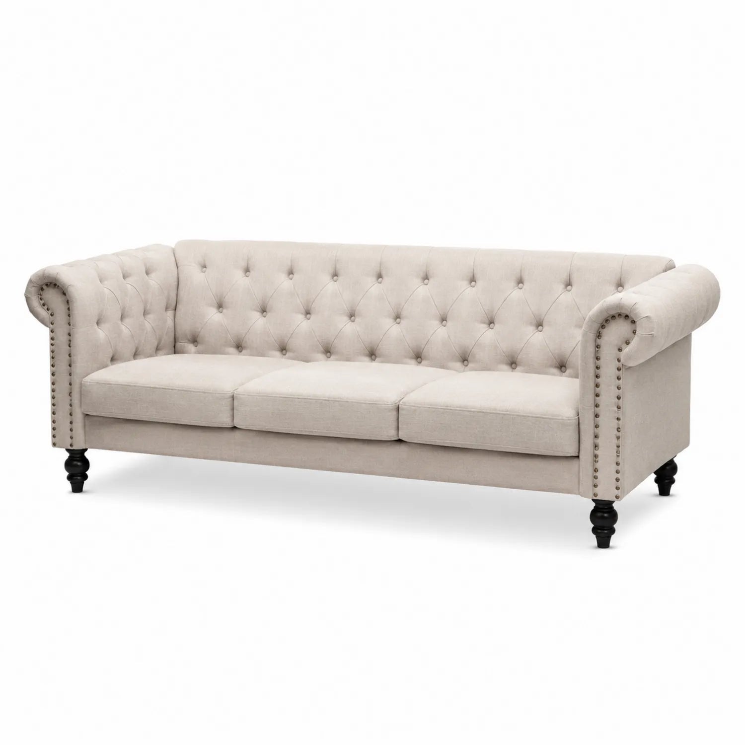 Dreisitzer Chesterfield Sofa Leinen Beige 220x90x78cm