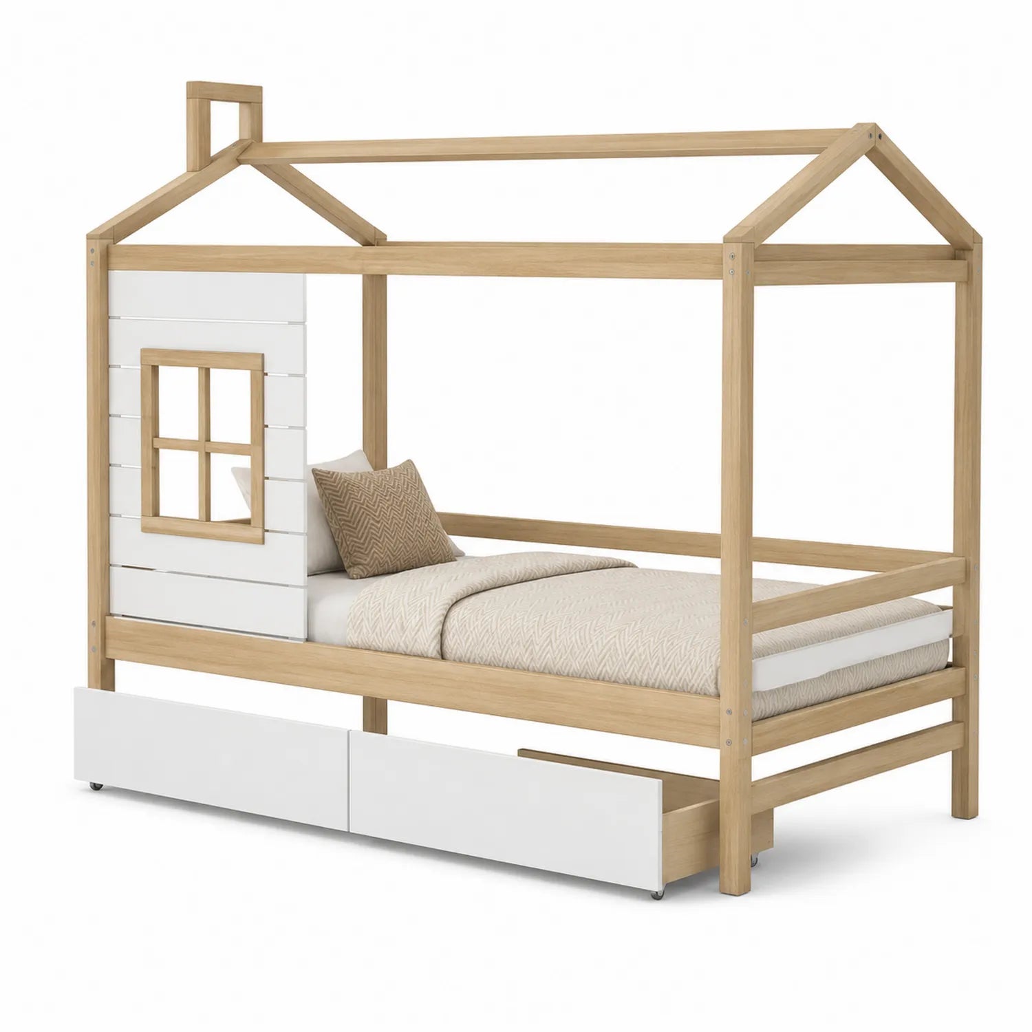 Kinderhausbett Holz mit Schublade 90x200 cm Natur/Wei?