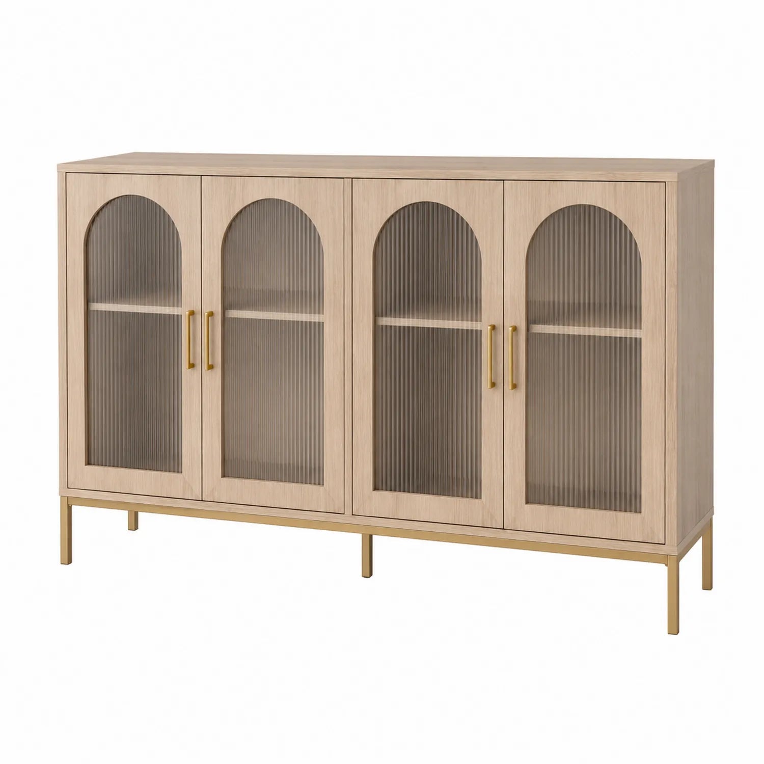 Sideboard aus Holzfurnier mit geriffeltem Glas und Metallbeinen