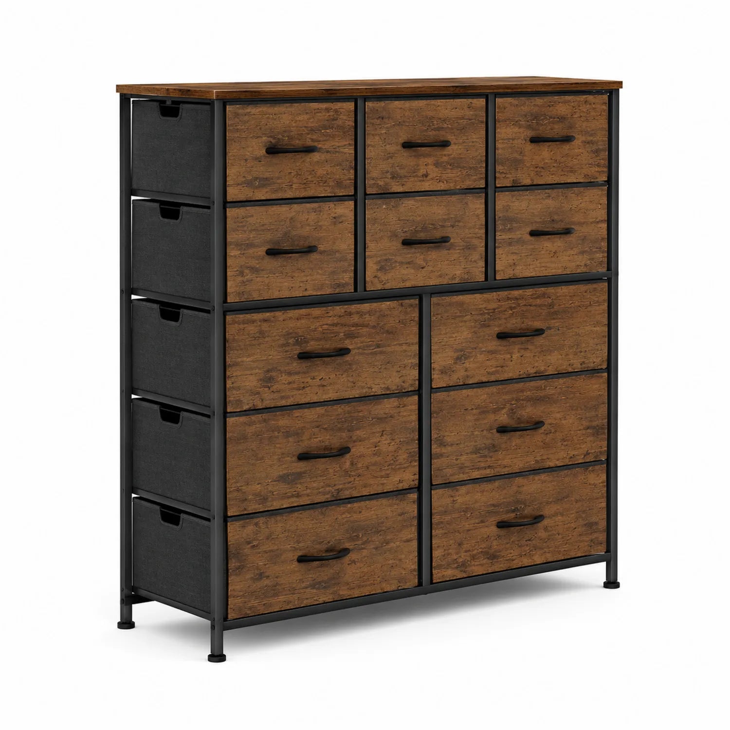 Kommode mit 10 Schubladen aus Holz und Metall in Braun und Schwarz