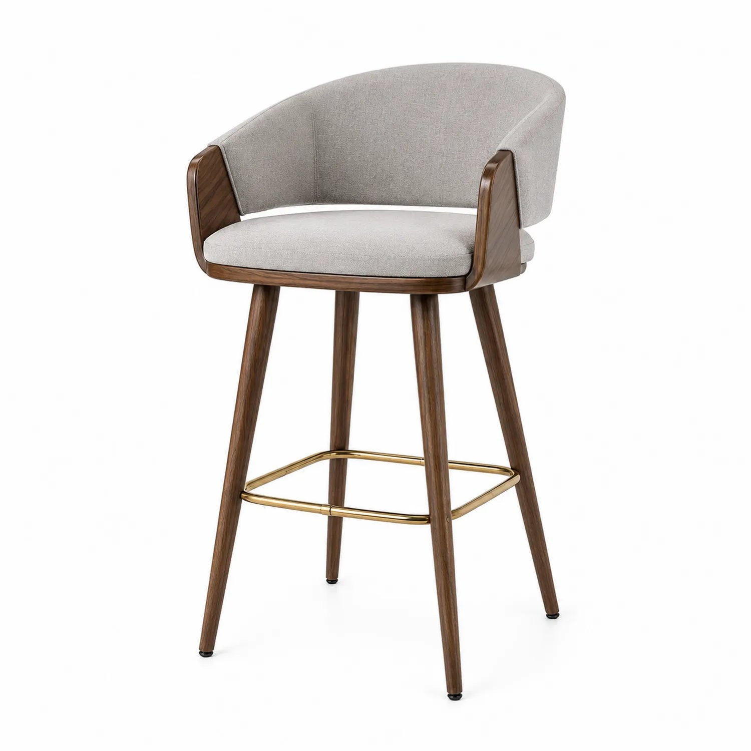 Barhocker aus Holz mit grauem Stoffbezug