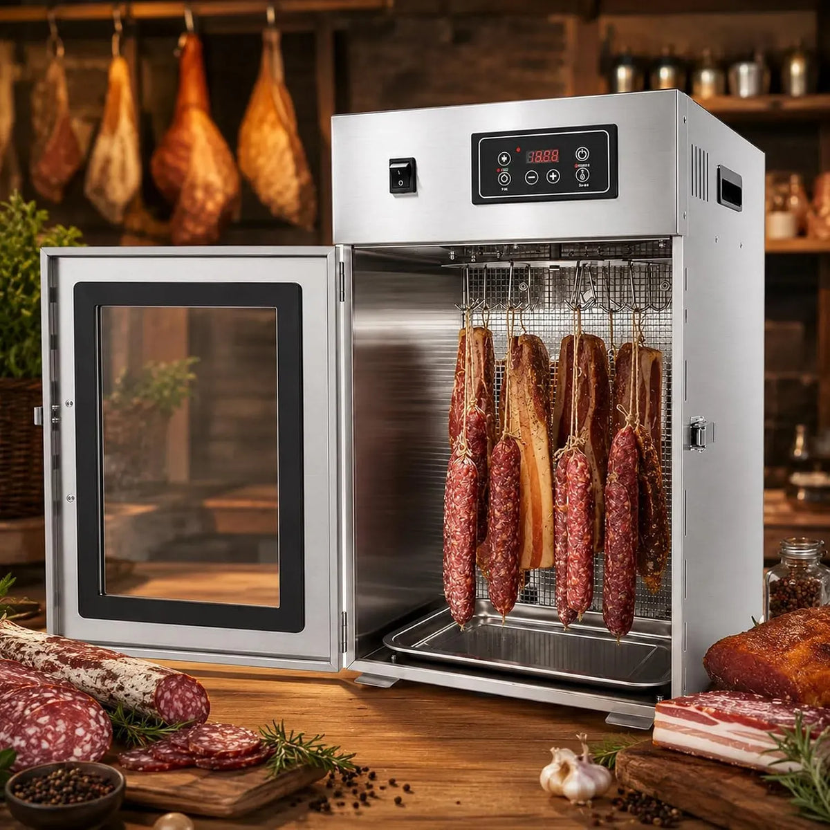 24h Edelstahl-Trockenschrank, Reifeschrank, Dörrautomat, Lebensmitteltrockner, 800 W, 30 bis 90 °C, 7,5 kg, Timer, für Beef Jerky, Dry