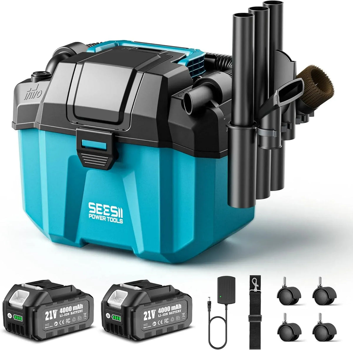 3-in-1 2-Gang Werkstattsauger, Trockensauger, Akku, 10 L, kabellos, Blau, für Werkstatt/Auto/Baustelle
