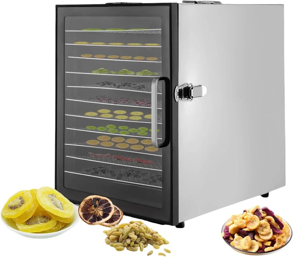 Dörrautomat, Dörrgerät, Lebensmitteltrockner, 800 W, 30 bis 80 °C, Timer, 2 Temperaturzonen, Edelstahl, für Gemüse Obst Fleisch
