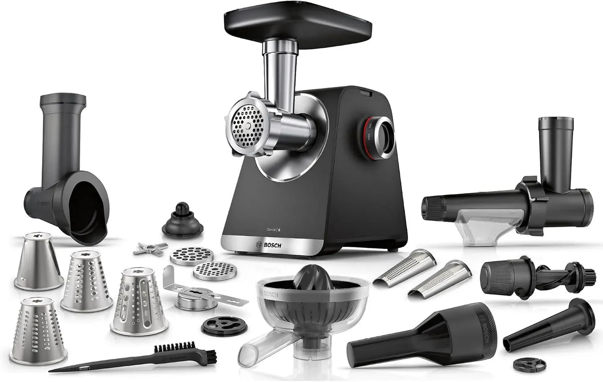 Bosch Serie 6 MFWS682B Entsafter, Gebäck, Schwarz, MultiPower Fleischwolf MFWS 82B, 3 Lochscheiben, Motorblockleistung, 2.100 W
