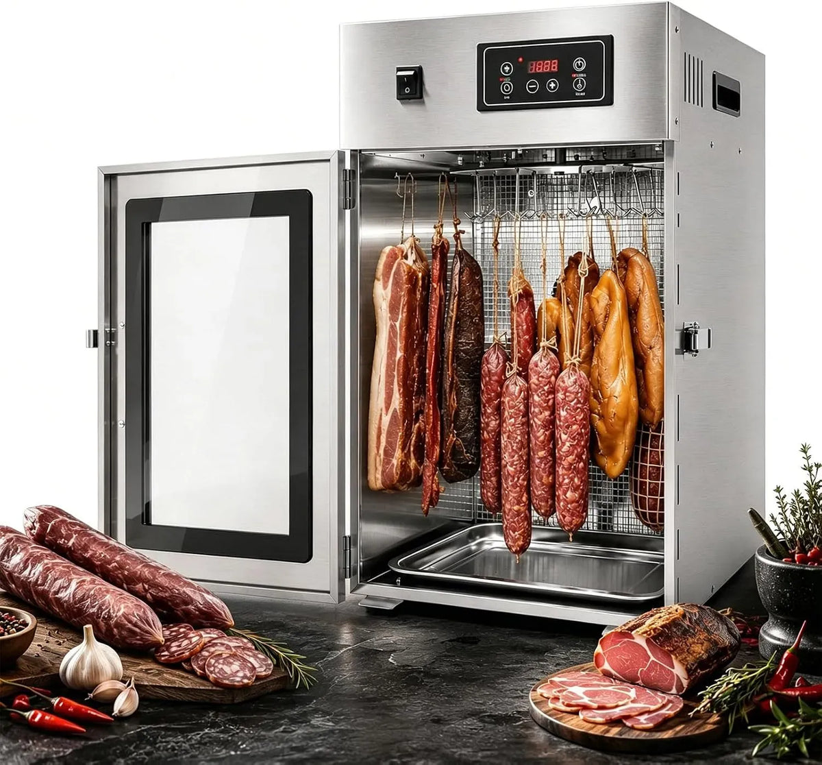 24h Reifeschrank, Dörrautomat, Dörrschrank, Lebensmitteltrockner, 30 bis 90 °C, 7,5 kg, Timer, Edelstahl, für Fleisch mit 30-90℃ Temperaturregelung
