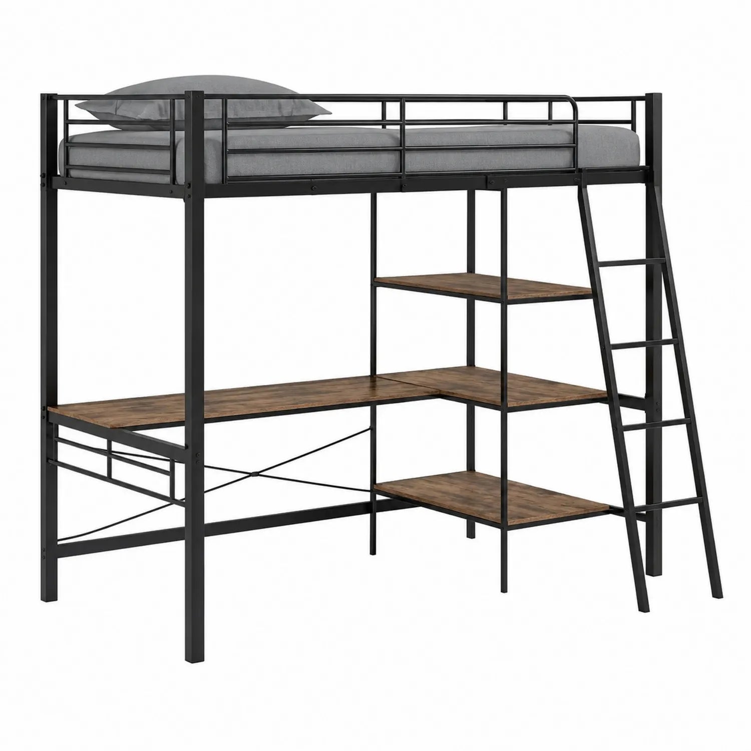 Metall-Hochbett mit Leiter und Holzablagen 200x90cm Schwarz/Braun