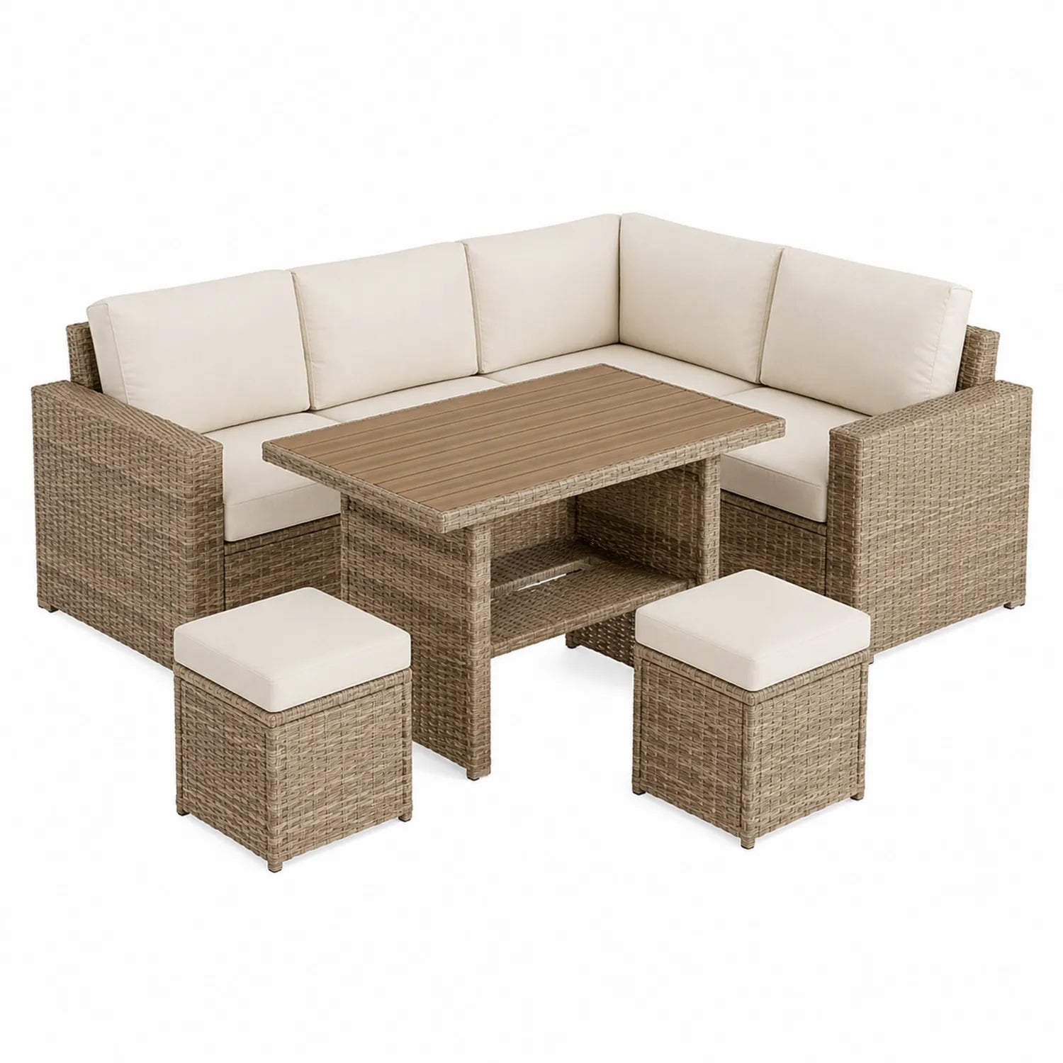 Ecksofa-Set aus Polyrattan mit Tisch und Kissen Beige