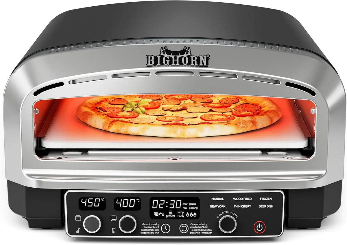 Elektrischer Pizzaofen, 35 cm, 2200 W, 6 Programme, BIG HORN, Outdoor, getrennt regelbare Ober- und Unterhitze, Pizzastein und Pizzaschaufel, 450 °C