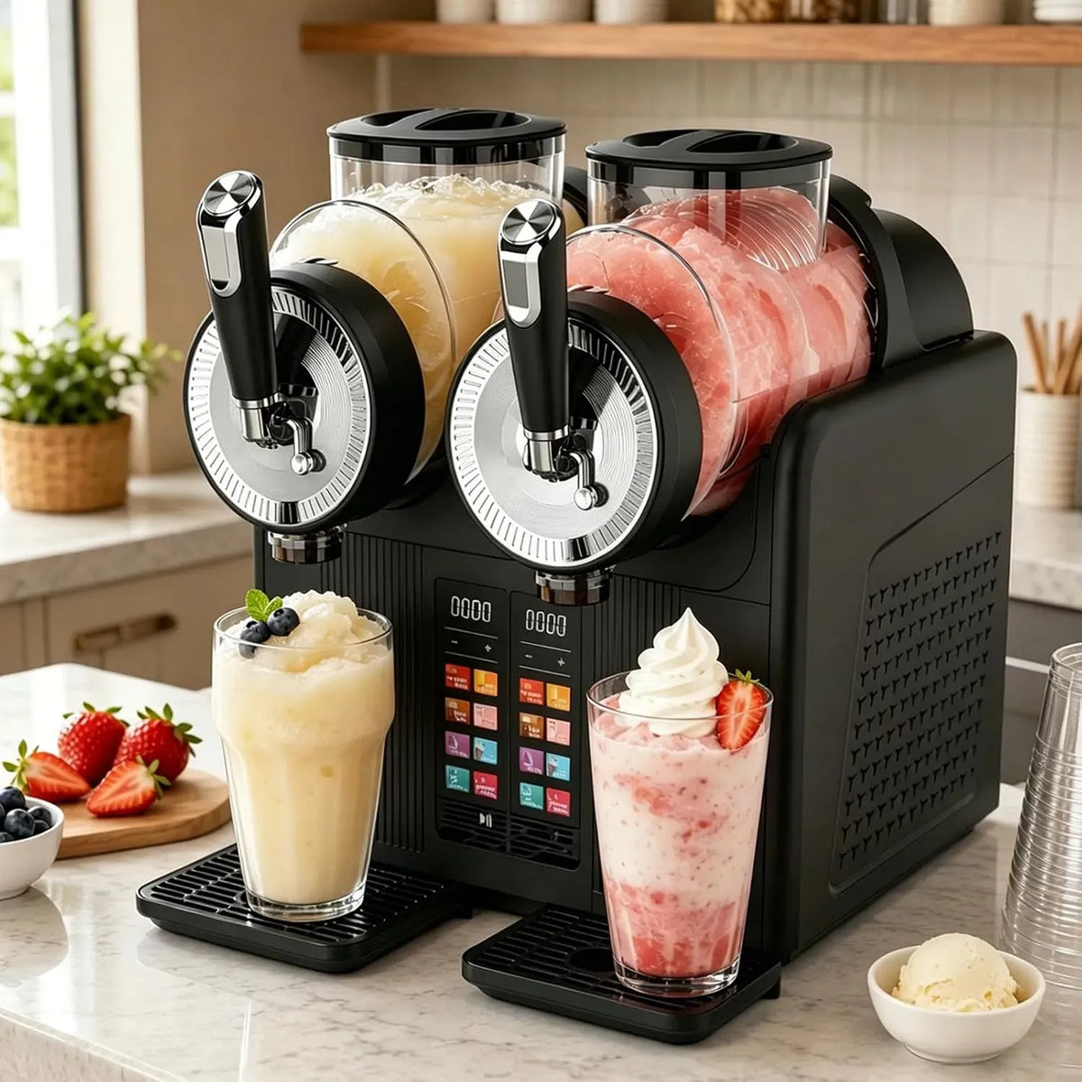 2-in-1 Slush Maschine, Kaltgetränkemaschine, Softeismaschine, Doppelbehälter, Speiseeismaschine, Slush-Eisbereiter, 6 Programmen, Schwarz