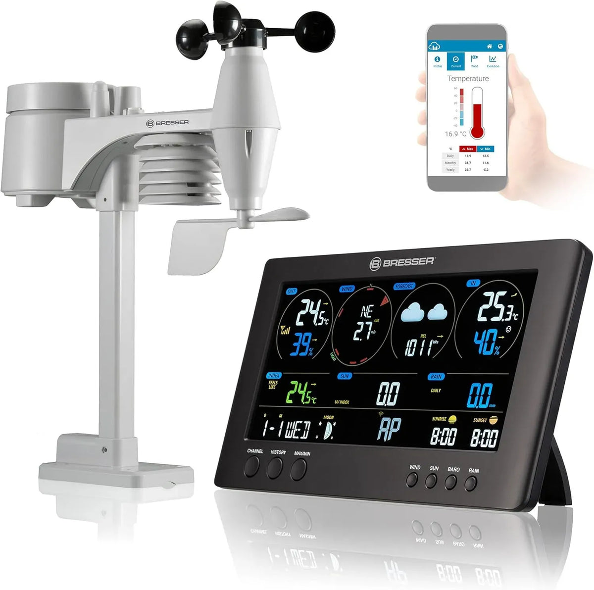 7-in-1 Wetterstation, Aussensensor, Profi-Sensor, Funkwetterstation, WLAN, 2 Temperaturzonen, Schwarz, für Wind